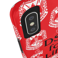 Load image into Gallery viewer, Phone Case in Red with DST Crest in White and DST for Life in Black
