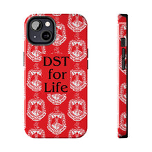 Load image into Gallery viewer, Phone Case in Red with DST Crest in White and DST for Life in Black
