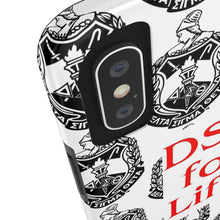 Load image into Gallery viewer, Phone Case in White with the DST Crest in Black and DST for Life in Red
