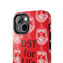 Load image into Gallery viewer, Phone Case in Red with DST Crest in White and DST for Life in Black
