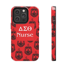 Load image into Gallery viewer, Phone Case in Red with DST Crest in Black with DST Nurse Theme
