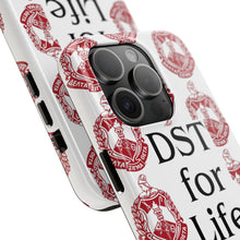 Load image into Gallery viewer, Phone Case in White with DST Crest in Red and DST for Life in Black
