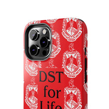 Load image into Gallery viewer, Phone Case in Red with DST Crest in White and DST for Life in Black
