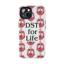 Load image into Gallery viewer, Phone Case in White with DST Crest in Red and DST for Life in Black
