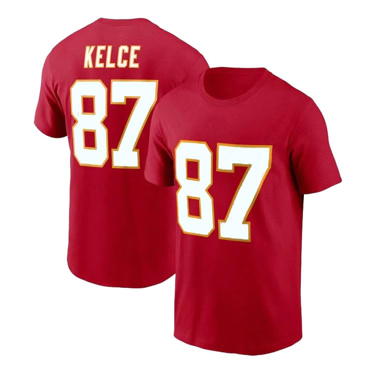 Travis Kelce #87 Football T-Shirt Cotton Jersey (1XL, Red)