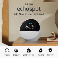 Load image into Gallery viewer, All-new Amazon Echo Spot (2024 release), Smart alarm clock with vibrant sound + Alexa, Glacier White
