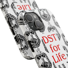 Load image into Gallery viewer, Phone Case in White with the DST Crest in Black and DST for Life in Red
