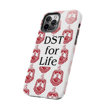 Load image into Gallery viewer, Phone Case in White with DST Crest in Red and DST for Life in Black
