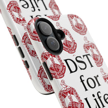 Load image into Gallery viewer, Phone Case in White with DST Crest in Red and DST for Life in Black
