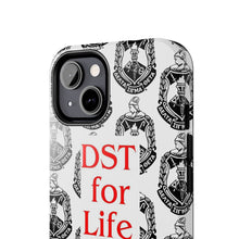 Load image into Gallery viewer, Phone Case in White with the DST Crest in Black and DST for Life in Red
