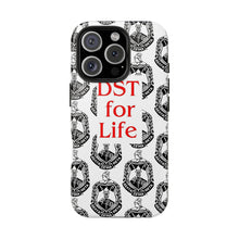 Load image into Gallery viewer, Phone Case in White with the DST Crest in Black and DST for Life in Red
