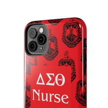 Load image into Gallery viewer, Phone Case in Red with DST Crest in Black with DST Nurse Theme
