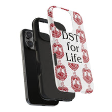 Load image into Gallery viewer, Phone Case in White with DST Crest in Red and DST for Life in Black
