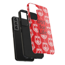 Load image into Gallery viewer, Phone Case in Red with DST Crest in White and DST for Life in Black
