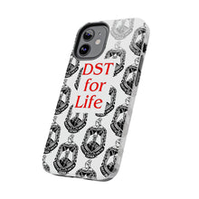 Load image into Gallery viewer, Phone Case in White with the DST Crest in Black and DST for Life in Red
