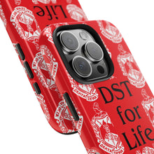 Load image into Gallery viewer, Phone Case in Red with DST Crest in White and DST for Life in Black
