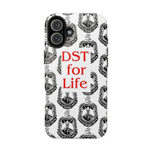 Load image into Gallery viewer, Phone Case in White with the DST Crest in Black and DST for Life in Red
