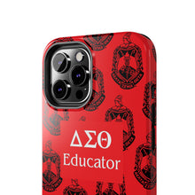 Load image into Gallery viewer, Phone Case in Red with DST Crest in Black with DST Educator Theme
