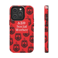 Load image into Gallery viewer, Phone Case in Red with DST Crest in Black with DST Social Worker Theme
