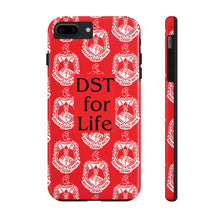 Load image into Gallery viewer, Phone Case in Red with DST Crest in White and DST for Life in Black
