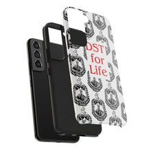 Load image into Gallery viewer, Phone Case in White with the DST Crest in Black and DST for Life in Red
