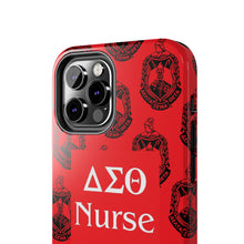 Load image into Gallery viewer, Phone Case in Red with DST Crest in Black with DST Nurse Theme
