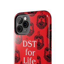 Load image into Gallery viewer, Phone Case in Red with DST Crest in Black with DST for Life in White
