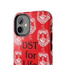 Load image into Gallery viewer, Phone Case in Red with DST Crest in White and DST for Life in Black
