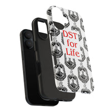 Load image into Gallery viewer, Phone Case in White with the DST Crest in Black and DST for Life in Red
