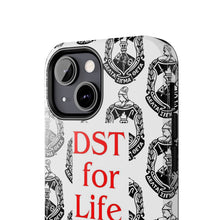 Load image into Gallery viewer, Phone Case in White with the DST Crest in Black and DST for Life in Red
