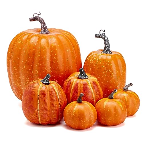 7Pcs Artificial Pumpkins of all Styles Halloween Decoration Rural Style Farmhouse Foam Pumpkin Harvest Season Thanksgiving Day is Suitable for Table top House Dining Table Party Decoration (Orange)