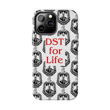 Load image into Gallery viewer, Phone Case in White with the DST Crest in Black and DST for Life in Red
