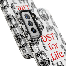 Load image into Gallery viewer, Phone Case in White with the DST Crest in Black and DST for Life in Red
