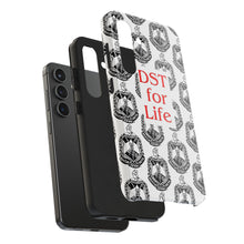 Load image into Gallery viewer, Phone Case in White with the DST Crest in Black and DST for Life in Red
