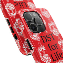 Load image into Gallery viewer, Phone Case in Red with DST Crest in White and DST for Life in Black
