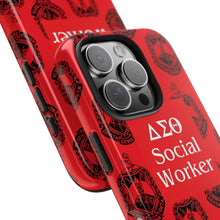 Load image into Gallery viewer, Phone Case in Red with DST Crest in Black with DST Social Worker Theme
