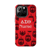 Load image into Gallery viewer, Phone Case in Red with DST Crest in Black with DST Nurse Theme
