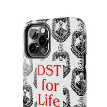 Load image into Gallery viewer, Phone Case in White with the DST Crest in Black and DST for Life in Red
