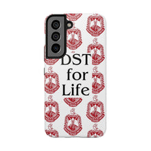 Load image into Gallery viewer, Phone Case in White with DST Crest in Red and DST for Life in Black
