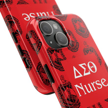 Load image into Gallery viewer, Phone Case in Red with DST Crest in Black with DST Nurse Theme
