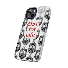 Load image into Gallery viewer, Phone Case in White with the DST Crest in Black and DST for Life in Red
