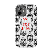 Load image into Gallery viewer, Phone Case in White with the DST Crest in Black and DST for Life in Red
