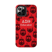 Load image into Gallery viewer, Phone Case in Red with DST Crest in Black with DST Educator Theme
