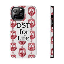 Load image into Gallery viewer, Phone Case in White with DST Crest in Red and DST for Life in Black
