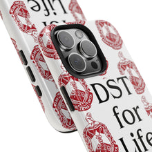 Load image into Gallery viewer, Phone Case in White with DST Crest in Red and DST for Life in Black
