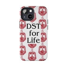 Load image into Gallery viewer, Phone Case in White with DST Crest in Red and DST for Life in Black
