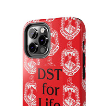 Load image into Gallery viewer, Phone Case in Red with DST Crest in White and DST for Life in Black
