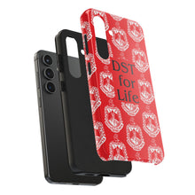 Load image into Gallery viewer, Phone Case in Red with DST Crest in White and DST for Life in Black
