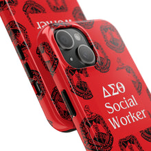 Load image into Gallery viewer, Phone Case in Red with DST Crest in Black with DST Social Worker Theme
