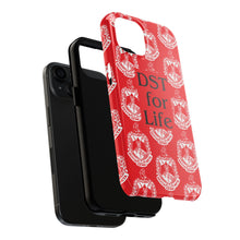 Load image into Gallery viewer, Phone Case in Red with DST Crest in White and DST for Life in Black
